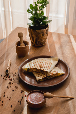 Quesadilla Mexican food. Mexican cuisine quesadilla for breakfast. Close up