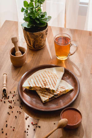 Quesadilla Mexican food. Mexican cuisine quesadilla for breakfast. Close upの写真素材
