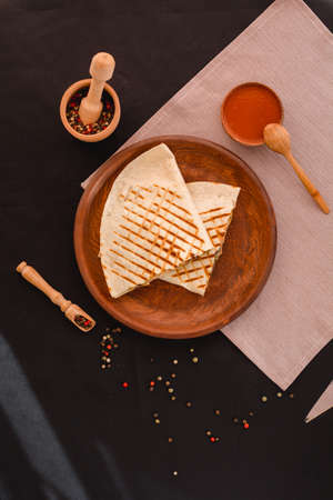 Quesadilla Mexican food. Mexican cuisine quesadilla for breakfast. Close up. top viewの写真素材