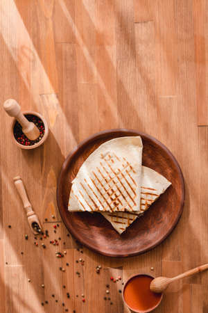 Quesadilla Mexican food. Mexican cuisine quesadilla for breakfast. Close up. top viewの写真素材
