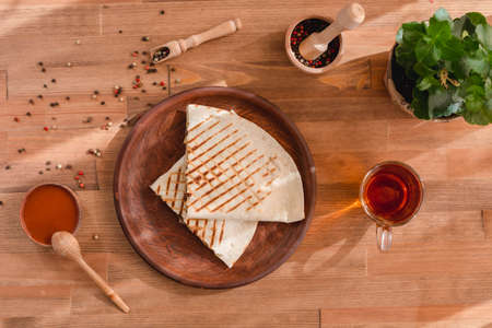 Quesadilla Mexican food. Mexican cuisine quesadilla for breakfast. Close up. top viewの写真素材