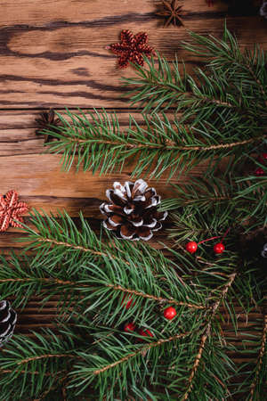 Christmas decoration on wooden background, Christmas card ,close-up. Top viewの写真素材