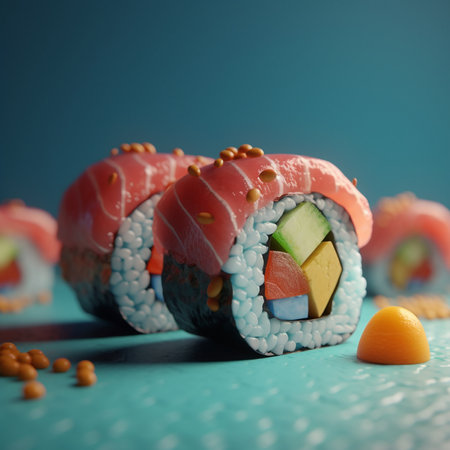 Sushi set on black background with chopsticks. 3d illustrationの素材