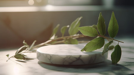 White marble podium with green leavesle table in modern kitchen.の素材