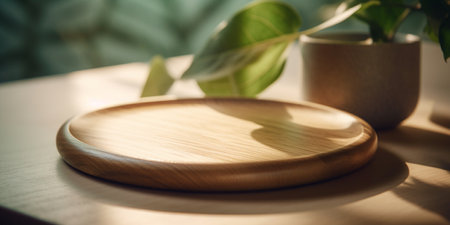 Wooden plate on the table with green plant in the morning lightの素材