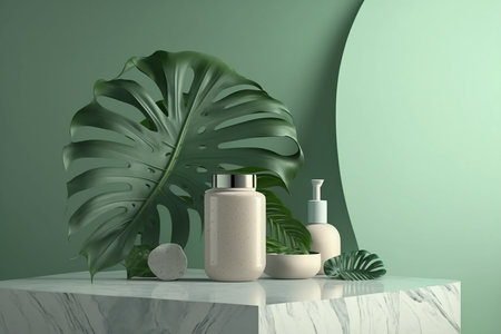 3d render of cosmetic product on white marble podium with monstera leafの素材
