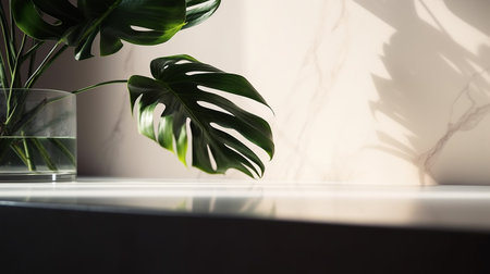 Tropical monstera leaves in glass vase on white tableの素材