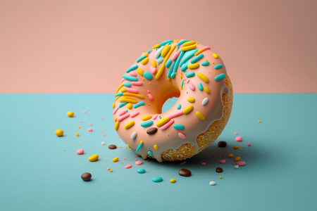 Donut with sprinkles on blue and pink background. 3d renderingの素材