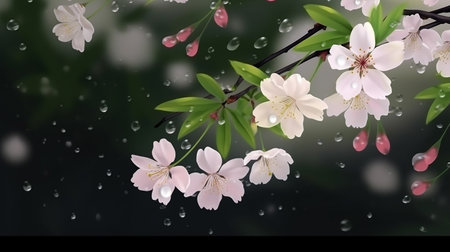 Cherry blossom and rain drops on black background, vector illustrationの素材