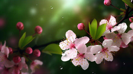 cherry blossom on a green background with water drops and bokehの素材