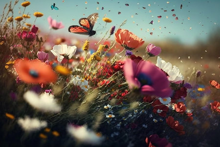 Colorful meadow with poppies and butterfly, retro tonedの素材