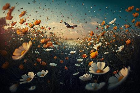 Flower meadow with butterfly and butterflies. 3d illustration.の素材