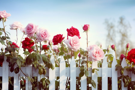 Pink and white roses on white fence with blue sky in background.の素材