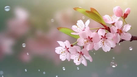 Spring blossom background with water drops and pink sakura flowers.の素材