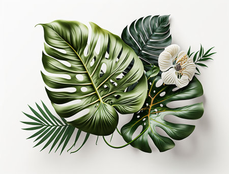 Creative layout made of tropical leaves and flowers. Flat lay, top view. Nature concept.の素材