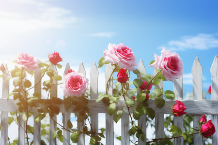 Pink roses on white fence with blue sky background. Copyspace.の素材