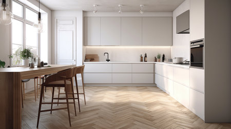 Interior of modern kitchen with white walls, wooden floor, white countertops and wooden bar with stools.の素材