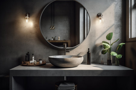 Interior of modern bathroom with gray walls, concrete floor, gray bathtub and round mirror.の素材