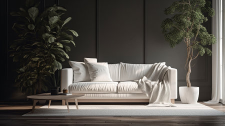 Modern living room interior design with white sofa, pillows and plant.の素材