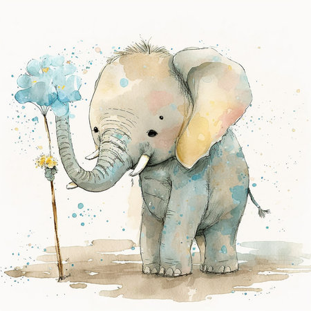 Watercolor illustration of an elephant with a dandelion flower.の素材