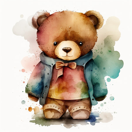 Watercolor illustration of a cute teddy bear in a jacket.の素材