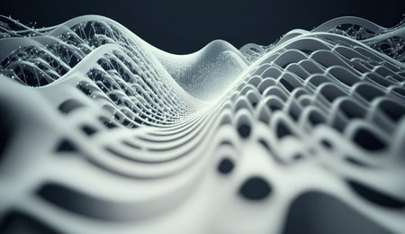 Abstract 3d rendering of chaotic wavy surface. Futuristic background with dynamic waves.の素材