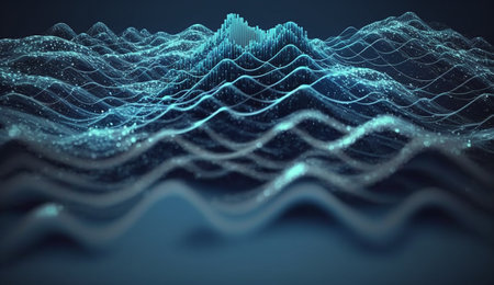 3D rendering of abstract digital landscape. Big data visualization. Futuristic waves with particles.の素材