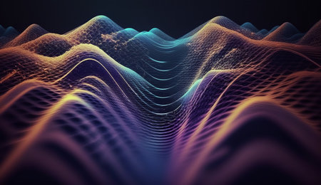 3d rendering of abstract digital landscape with flowing particles. Futuristic waves backgroundの素材