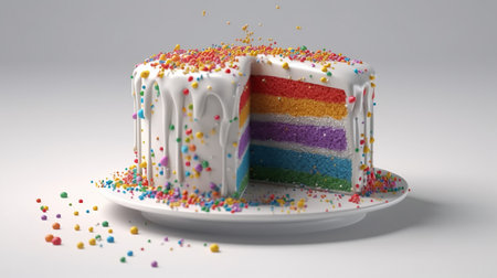 3d rendering of a rainbow cake with sprinkles on a white backgroundの素材