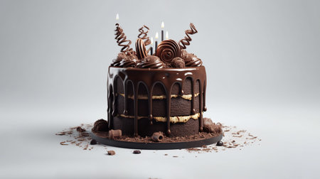 Chocolate cake with burning candles on white background. 3d illustrationの素材