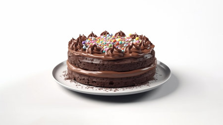 Chocolate cake on a plate isolated on white background. 3d illustrationの素材