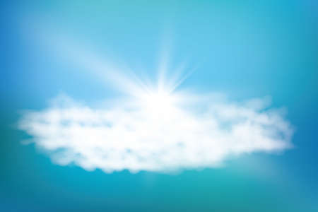 Realistic shining sun with lens flare. Blue sky with clouds background. Vector illustration.のイラスト素材