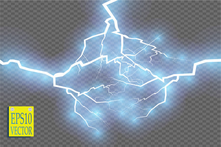 Blue abstract energy shock explosion special light effect with spark. Vector glow power lightning cluster. Electric discharge on transparent background. High voltage charged coreのイラスト素材