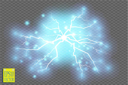 Blue abstract energy shock explosion special light effect with spark. Vector glow power lightning cluster. Electric discharge on transparent background. High voltage charged core. Vectorのイラスト素材