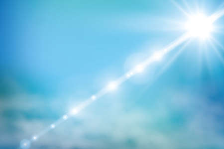 Realistic shining sun with lens flare. Blue sky with clouds.のイラスト素材