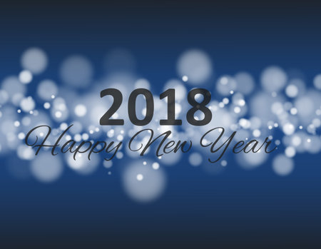 happy new year 2018 in square with bokeh and lens flare pattern blue background vector