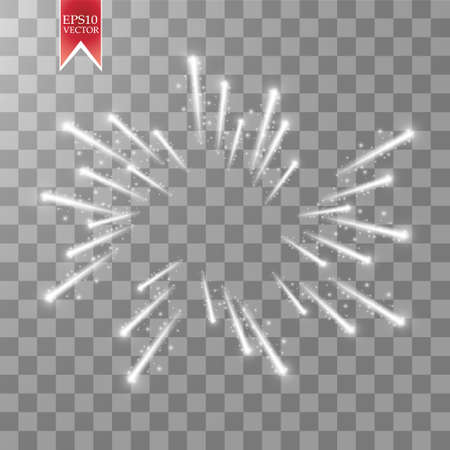 Firework lights effect with glowing stars in sky isolated on transparent background. Vector white festive party rocket burst or salute show for your design. eps 10のイラスト素材