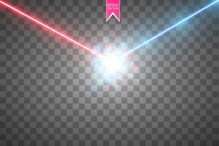 Collision of two forces with red and blue light. Vector illustration. Hot and cold sparkling power. Energy lightning with electric discharge. Vector.のイラスト素材