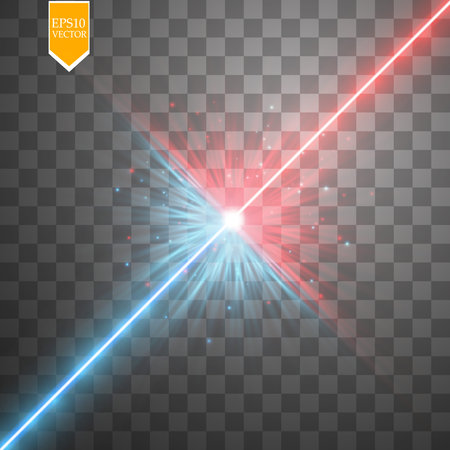 Star clash and explosion light effect, neon shining laser collision surrounded by stardust on transparent background. Expressive illustration, technical innovation, shocking news or invention symbol.のイラスト素材