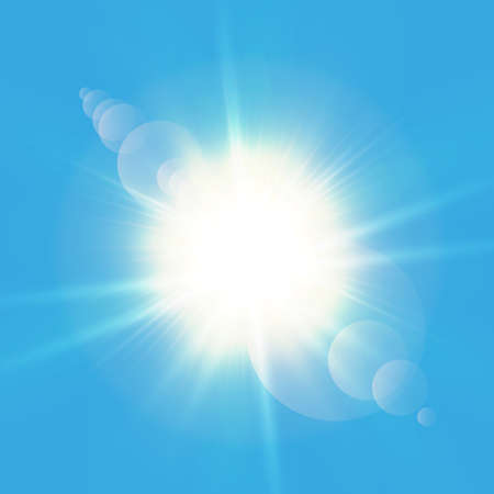 Realistic shining sun with lens flare. Blue sky with clouds background. Vector illustration. EPS 10のイラスト素材