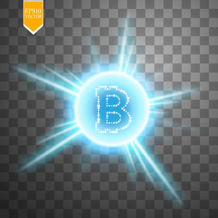 Bitcoin coin over blue explosion background with glitters stars and sparkles on transparent backgroundのイラスト素材
