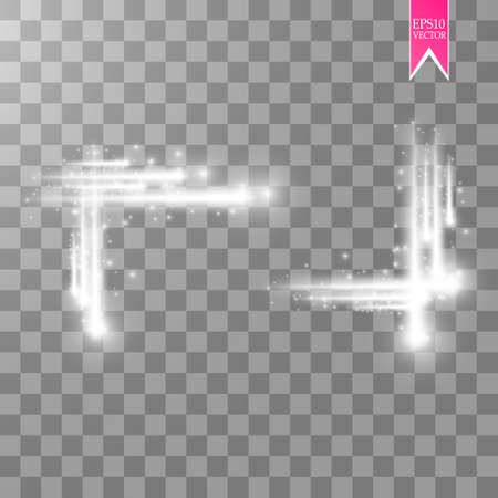 Abstract luxury white vector light flare spark light effect. Sparkling glowing rectangular frame on transparent.のイラスト素材