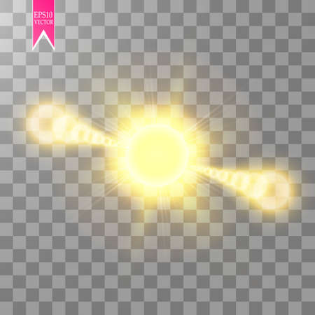 Lens flare effect isolated on transparent background. Golden glow flashlight illustration. Vector lightsのイラスト素材