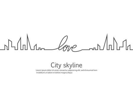 Silhouette of the city and heart and love in continuous drawing lines in a flat style. Modern urban landscape. Vector illustrations. City skyscrapers building office horizon.Continuous line drawingのイラスト素材
