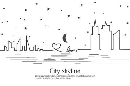 Silhouette of the city and star and moon in a flat style. Modern urban landscape. Vector illustrations. City skyscrapers building office horizon.Continuous line drawing. Vector line. Geometric figures with the effect of motionのイラスト素材