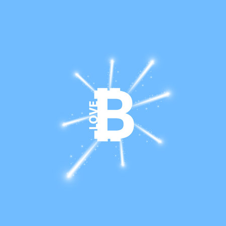 Digital bitcoins symbol with light effect and firework on blue backgraund.のイラスト素材