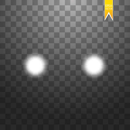Realistic white glow of round beams of car headlights, isolated against a background of transparent gloom. Vector bright train lights for your design. Easy light flashのイラスト素材