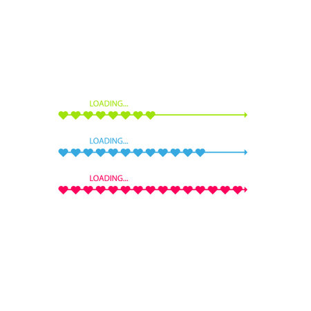 Progress status bar icon. Love loading collection. White heart. Funny happy valentines day...