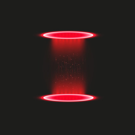 Magic fantasy portal. Futuristic teleport. Light effect. Blue candles rays of a night scene with sparks on a transparent background. Empty light effect of the podium. Disco club dancefloor.のイラスト素材