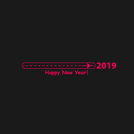 Creative happy new year 2019 design with Progress loading bar with airplane is in a dotted line. The flying apartment is black. The waypoint is for a tourist trip. Track on a black background. Vector illustration. Tourism. Travel.のイラスト素材